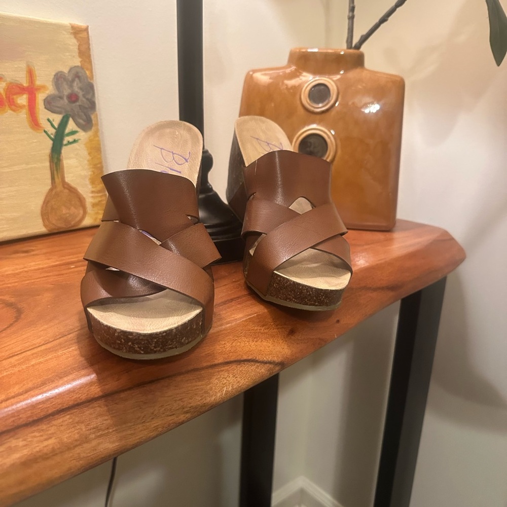 Blowfish Brown Crisscross Wedge Slide Sandals
